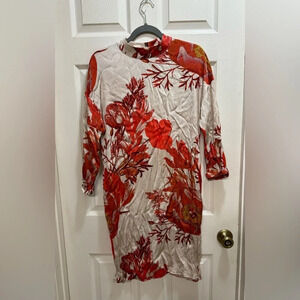 KAREN BY SIMONSEN MERCY Floral 3/4 Sleeve Dress Boho 70s Mock Neck Art to Wear S